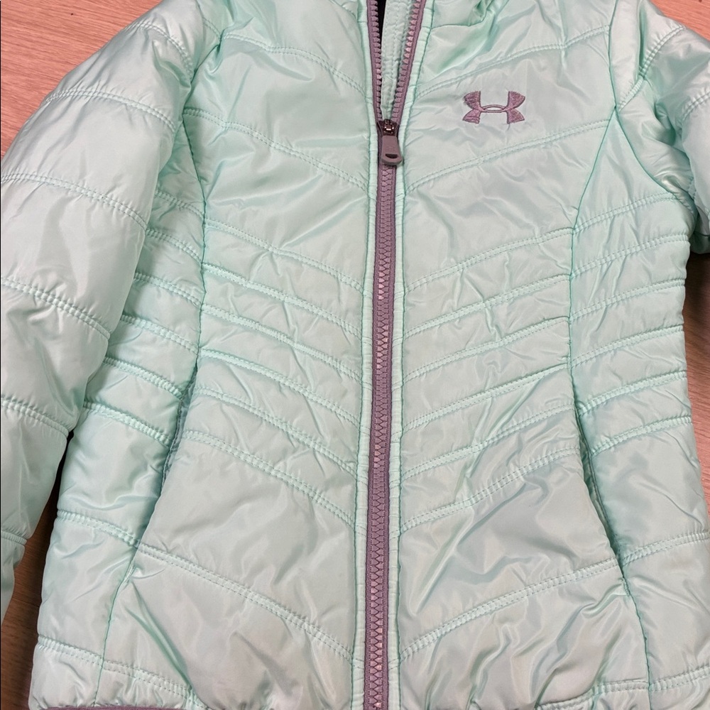 Under Armour Light Turquoise Aqua Teal & Gray Quilted Puffer Hooded Jacket - Picture 5 of 6